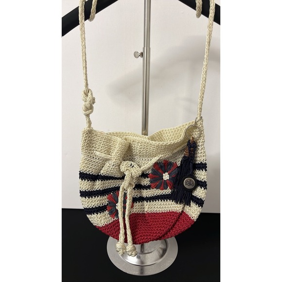 The Sak‎ Crochet Crossbody Bag Striped Boho Purse Cream Red Navy Flower - Picture 1 of 4